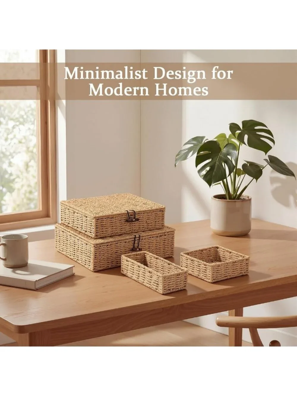 Set of 4 Woven Wicker Storage Baskets with Lids - Decorative Rattan Organizers